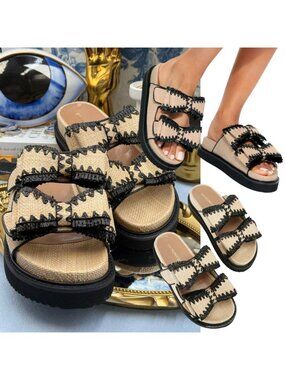 🆕 KG KURT GEIGER 🧿 NWOB Robbie Bow-Embellished Raffia Sandals, Black Sz US 8.5
